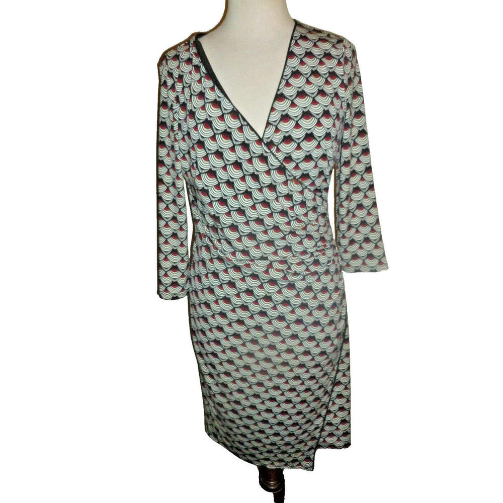 White House Black Market Faux Wrap Dress Scallop Print Red Black White Size 10